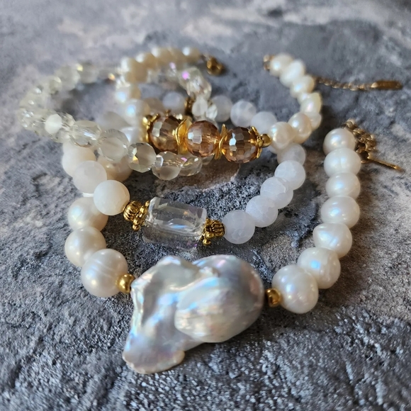 4 Bracelets Jewelry Set Stacking Bar Baroque Pearl 14K Gold plated Jewelry - Picture 6 of 11